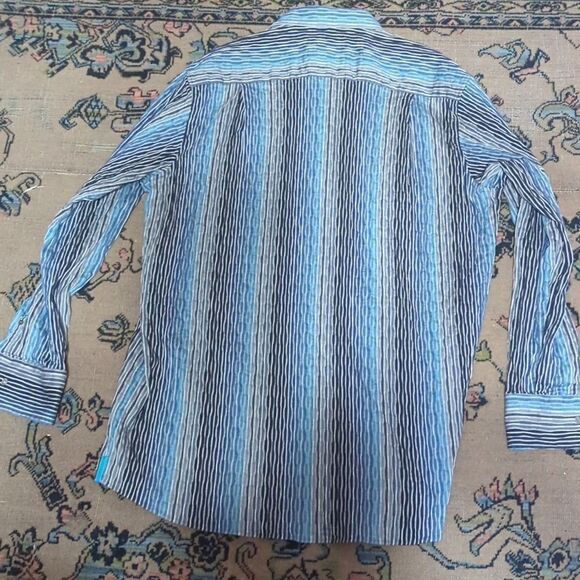 Mens M Button Up Shirt Long Sleeve Blue Black Gray Stripes big & Tall - Picture 3 of 5